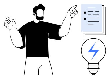 Görev ve hedefleri temsil eden kontrol listesine bakan adam, yıldırımlı ampul yenilikleri ön plana çıkarıyor. Planlama, beyin fırtınası, liderlik, üretkenlik, yaratıcılık, strateji için ideal