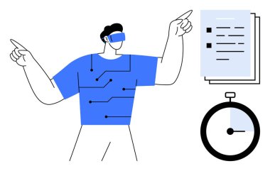 Sanal unsurlar, görev listesi ve kronometre ile etkileşime giren VR kulaklık takan kişi. Teknoloji için ideal, üretkenlik, yenilik, verimlilik, sanal gerçeklik, veri yönetimi basit düz