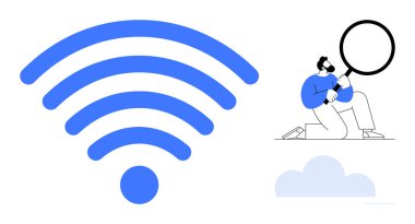 Büyük mavi kablosuz sembol, analiz ve keşfi vurgulayan bir büyüteçle eşleştirilmiş. Yenilik, iletişim, ağ, problem çözme, teknoloji ve araştırma için ideal