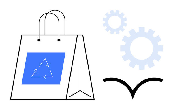 Shopping bag with recycling symbol emphasizes sustainability. Gears and arrow suggest renewal, efficiency, and eco-conscious solutions. Ideal for sustainability, recycling, eco products, innovation