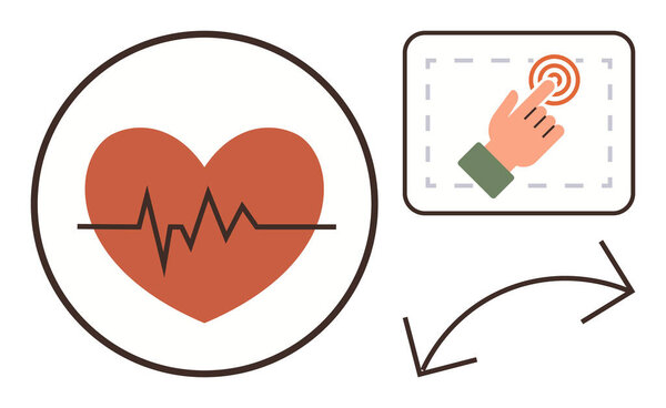 Сердце с линией ЭКГ, вручную нажав на сенсорный экран, со стрелкой, показывающей процесс. Идеально подходит для мониторинга здоровья, медицинской техники, телемедицины, портативных устройств, фитнес-трекинга, пользователя