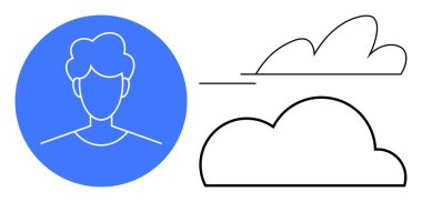 Mavi bir çemberin içinde iki bulut çizgisi eşliğinde bir insan çizgisi. Kimlik, bağlantı, bulut depolama, ağ oluşturma, dijital dönüşüm, teknoloji, basit düz metafor