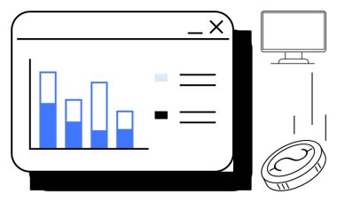 Bir tarayıcı penceresindeki verileri analiz eden çubuk grafik, madeni parayı temsil eden para ve dijital araçları görüntüleyen monitör. İş, finans, analiz, teknoloji, veri, yatırım ekonomisi için ideal