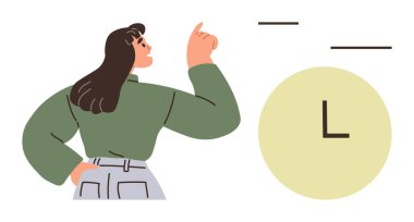 Kadın saate doğru hareket eder, öncelik ve odaklanmanın önemini vurgular. Zaman yönetimi, verimlilik, programlama, işyeri rutinleri, teslim tarihleri, hedef belirleme, basit düz