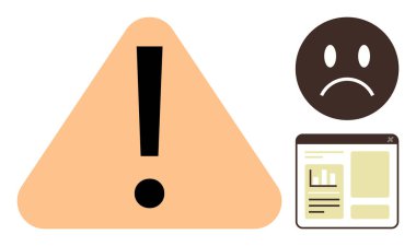 Büyük uyarı üçgeni, ünlem işareti, üzgün yüz ikonu ve hata paneli. Hata iletileri, hatalar, uyarılar, sistem sorunları, sorun giderme, risk farkındalığı için ideal