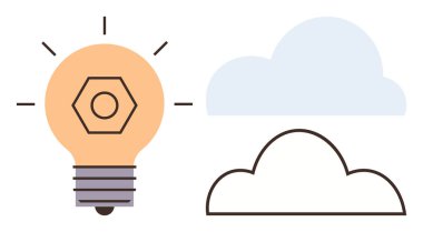 İçinde ekipman bulunan ampul yaratıcılığı simgeler ve fikirler bulut hesaplamasını, bağlantıyı ve işbirliğini simgeler. Yenilik için ideal, teknolojik kavramlar, beyin fırtınası, bulut hizmetleri, veri