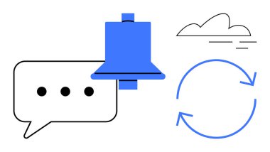 Bildirimler için çan, iletişim için konuşma balonu, güncelleme için oklar ve dijital bağlantı için bulut. Uyarı yönetimi, mesajlaşma, güncelleme, anımsatma, bulut teknolojisi için ideal