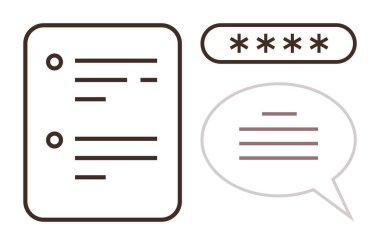 Metin belgesi, şifre alanı ve gizlilik, güvenlik, iletişim ve veri alışverişini temsil eden konuşma balonu simgeleri. Siber güvenlik, kimlik doğrulama, çevrimiçi iletişim için ideal