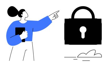 Kadın karakter asma kilidi işaret ederken tablet tutuyor, altında bulutlar var. Güvenlik, veri koruması, mahremiyet, dijital güvenlik, bulut depolama, çevrimiçi koruma için ideal