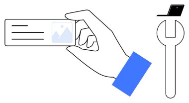 Üzerinde ince metin ve resim olan bir kimlik kartı, üstünde laptop olan bir ingiliz anahtarı. Kimlik, teknoloji, onarım, bilişim çözümleri, destek, veri erişimi, soyut araç kavramı için ideal düz