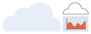 Büyük bulut şekli, veri eğilimlerini ve analizlerini gösteren daha küçük bir bulut çizelgesinin yanında. Bulut teknolojisi için ideal, büyük veri, veri bilimi, istatistik, SaaS, dijital dönüşüm, basit