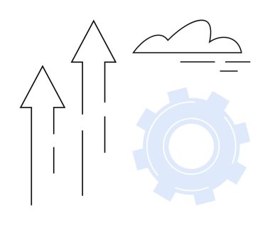 Yukarı bakan oklar, yeniliği sembolize eden vites, ve bağlantıyı ya da bulut hesaplamasını temsil eden bulut. Ticari büyüme, üretkenlik, teknoloji, ilerleme, strateji ve takım çalışması için ideal