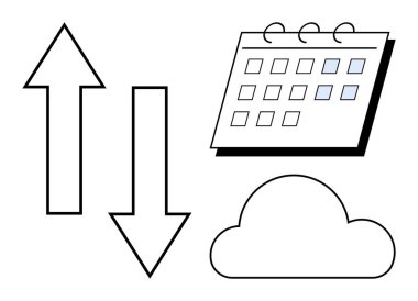 Bulut şekli, yukarı aşağı oklar ve takvim simgeleri. Zamanlama, eşzamanlama, bulut depolama, işbirliği, üretkenlik, zaman yönetimi için ideal basit düz metafor