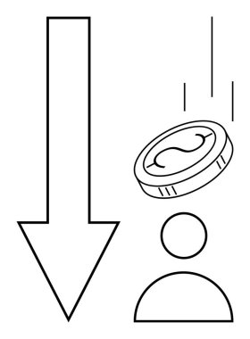 Aşağıya bakan ok, üzerine bozuk para düşen bir figürün yanını gösteriyor. Finans, ekonomi, borç, enflasyon, durgunluk, kişisel finans, iş sorunları için ideal. Basit düz metafor