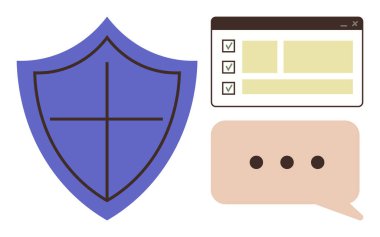 Tarayıcı penceresinde haç listesinin yanında mavi kalkan ve noktalı konuşma balonu. Güvenlik, iletişim, koruma, çevrimiçi güvenlik, işbirliği, takım çalışması ve güven için ideal. Basit düz