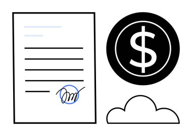 İmzalı bir anlaşma, ödemeyi temsil eden bir dolar ikonu ve dijital depolama için bir bulut sembolü. Finans, sözleşmeler, evraklar, imzalar, çevrimiçi depolama, dijital güvenlik için ideal