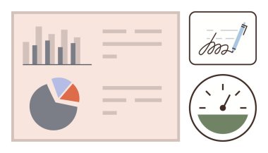 Çubuk grafik, pasta tablosu, el yazısı imza ve veri analizi, verimlilik ve performans takibi için hız göstergesi konsepti. İş, finans ve pazarlama ilerleme takibi için ideal rapor
