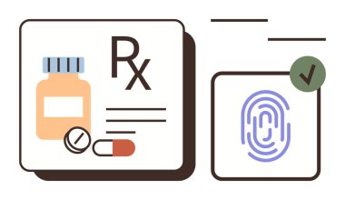 İlaç şişesi, haplar, RX reçeteli mesaj ve doğrulama kontrollü biyometrik parmak izi. Sağlık, ilaç, güvenlik, kimlik doğrulama, erişilebilirlik teknolojisi için ideal