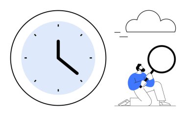 Diz çökmüş bir adamın, büyüteçle yakından gözlemlediği, analiz ettiği ve odaklandığı zamanı sembolize eden büyük saat. Zaman yönetimi, üretkenlik, teslim tarihleri, araştırma, planlama için ideal