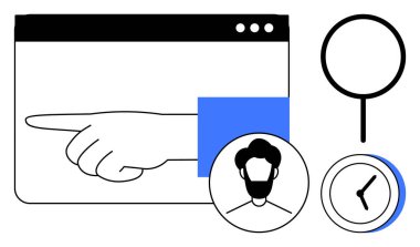 Kullanıcı avatarı, büyüteç ve saatin çizimleriyle bir tarayıcı penceresinin içini işaret ederek. Navigasyon, arama, kullanıcı etkileşimi, rehberlik, üretkenlik, çevrimiçi varlık basitliği için ideal