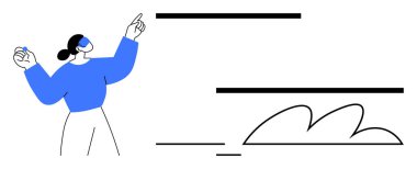 Kadın, temiz kompozisyonda soyut yatay çizgilere ve organik elementlere işaret ediyor. İletişim, yaratıcılık, beyin fırtınası, takım çalışması, organizasyon, yenilik, eğitim için ideal