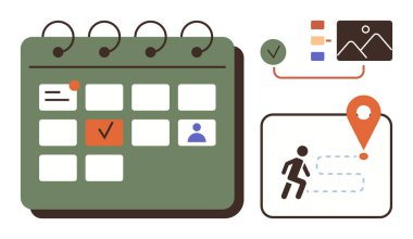 Görev işaretleri, kullanıcı simgeleri, konum pin, grafik ve yol izleme ile takvim düzeni. Zamanlama, verimlilik, planlama, proje yönetimi zaman yönetimi için ideal