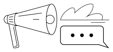 Megafon üç noktalı bir konuşma balonunu güçlendiriyor, diyaloğu, fikirleri ve iletişimi sembolize ediyor. Pazarlama, reklam, medya, farkındalık, halk önünde konuşma liderliği için ideal