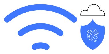 Parmak izi ve bulut elementi olan bir kalkanın yanında mavi kablosuz sinyal simgesi. Siber güvenlik, bulut teknolojisi, veri koruması, kablosuz ağlar, kimlik doğrulama, bağlantı için ideal
