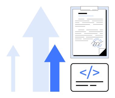 İmzalı sözleşmeli pano, kodlama çerçeveli kod kırıntıları ve yukarı doğru oklar. İş büyümesi, teknoloji, gelişme, yenilik, ilerleme temsilini kodlayan anlaşmalar için idealdir. Basit.