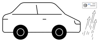 Araba, yukarı doğru oklarla eko-hareketliliği ve kripto para birimini simgeliyor. Yenilik, teknoloji, kripto para birimi, finans, sürdürülebilirlik, büyüme ve geleceğe odaklı hareketlilik için ideal