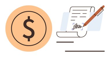 Kalemle imzalanmış kontratın yanında turuncu daire şeklinde dolar işareti. Finans, sözleşmeler, işlemler, ticaret, pazarlıklar, para yönetimi, yasal süreçler için idealdir. Basit düz metafor