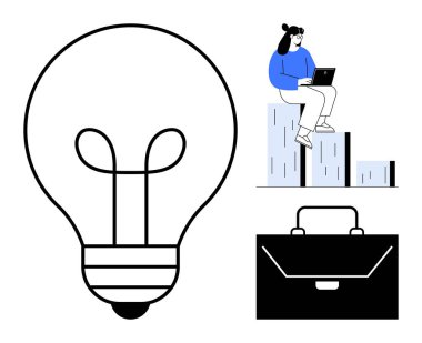 Bar tablosunda oturan kadın, ampul ve evrak çantasıyla birlikte iş stratejisini, yaratıcılığı, yeniliği, analizi, teknolojiyi, kariyer gelişimini ve hedef belirlemeyi vurguluyor. Basit düz