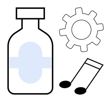 İlaç şişesi, vites ve müzik notaları sağlık hizmetleri, yenilik ve yaratıcılık konularını vurguluyor. Sağlık teknolojisi, refah, yenilik, yaratıcılık eğitimi için idealdir.