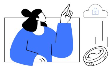 Kadın bulut deposuna doğru jestler yapıyor. Havada yazı tura atarken kilit simgesi gibi. Veri koruması, finans, teknoloji, yatırımlar, bulut hesaplama, dijital güvenlik, mali bütünlük için ideal