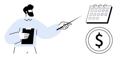 Pano tutan, takvim ve dolar işaretini gösteren bir adam. Finans, strateji, teslim tarihleri, iş planlaması, bütçe belirleme, hedef belirleme ve liderlik için ideal. Basit düz metafor