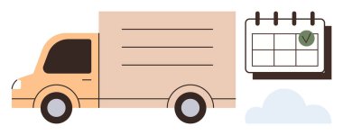 Takvim işaretli bir teslimat kamyonu. Verimli zamanlamayı, lojistiği ve ulaşımı simgeliyor. Planlama, nakliye, dakiklik, tedarik zinciri, güvenilirlik işi için idealdir.