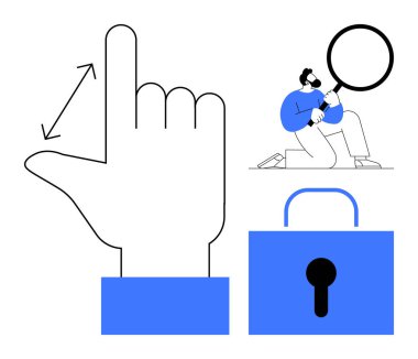 Tarama için el hareketi, büyüteçle bireysel inceleme ve güvenliği vurgulayan kilit. Biyometrik, gizlilik, güvenlik, dijital erişim, araştırma ve koruma için ideal basit bir daire