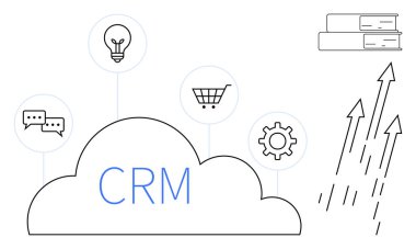 Mesajlaşma, ampul, alışveriş arabası, vites kutusu, oklar ve kitaplar için ikonlara bağlı CRM bulutu. Veri yönetimi, iletişim, yenilik otomasyonu e-ticaret analitik stratejisi için ideal