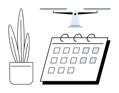 Quadcopter masa takviminin üzerinde tepiniyor ve işaretli günler bir saksı bitkisinin yanında. Planlama, teknoloji, yenilik, temiz tasarım, zaman yönetimi, organizasyon için ideal, basit düz metafor