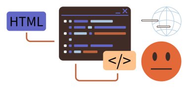 Kod düzenleyici arayüzü, HTML etiketi, dünya ve soyut yüz konsepti. Kodlama, web tasarımı, programlama, teknoloji yazılım eğitimi küresel bağlantı için idealdir. Basit düz metafor