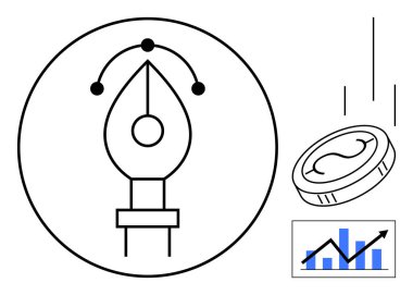 Dijital eğrili kalem aracı simgesi, altını çizen bozuk para ve yükselen çubuk grafiği. Tasarım, yaratıcılık, iş stratejisi, finans, ekonomik büyüme yeniliği ve pazarlama için ideal. Basit düz