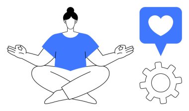 Bacak bacak üstüne atmış bir şekilde meditasyon yapan bir kadın. Yanında da kalp uyarısı ve vites kutusu var. Farkındalık, kişisel bakım, refah, üretkenlik, teknoloji, sosyal medya ve iş-yaşam dengesi için ideal