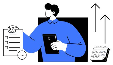 Elinde saat, takvim ve yukarı bakan oklarla çevrili bir kontrol listesi ve tablet tutan kişi. Üretkenlik, zaman yönetimi, hedef belirleme, planlama, organizasyon takım çalışması için ideal