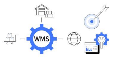 Lojistik, verimlilik, tedarik zinciri ve verimliliği temsil eden WMS bağlantı deposu, el arabası, küresel ağ, hedef ve analiz cihazları etiketli. Ticari veri lojistik envanteri için ideal