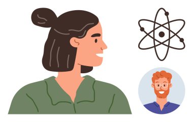 Kadın yana bakıyor, atomik yapı bilimi ya da yeniliği temsil ediyor, kızıl saçlı adam takım çalışmasını ya da işbirliğini simgeliyor. Eğitim, bilim, takım çalışması ve çeşitlilik için ideal