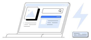 Arama çubuğu, resim fayansı ve optimizasyonu sağlayan web sayfası ögelerini gösteren dizüstü bilgisayar. Şimşek hızı vurgular. Teknoloji, gezinti, yenilik, verimlilik, SEO dijital pazarlama için ideal