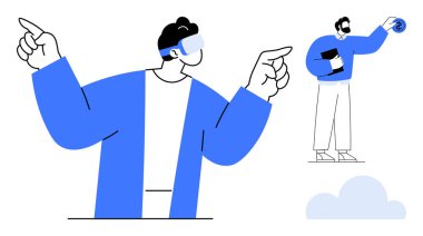 İnteraktif olarak VR kulaklık kullanan kişi, başka bir tablet ve holografik öğe tutuyor. Teknoloji, yenilik, işbirliği, hayal gücü, sanal öğrenme, yaratıcılık, dijital