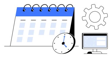 Zaman, organizasyon, planlama, üretkenlik, iş akışı yönetimi ve verimlilik temalarına bağlı spiral bağlayıcı, analog saat, dişli ve bilgisayar ekranlı takvim