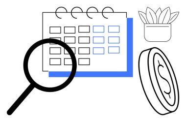 Takvim şebekesi, bozuk para ve saksı bitkisi üzerindeki büyüteç finansal planlama, bütçe planlaması, kişisel büyüme, zaman yönetimi, verimlilik, hedef belirleme ve üretkenliği ön plana çıkarıyor. Basit düz metafor