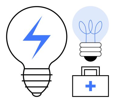 Yıldırım ve tıbbi malzemeli ampuller yaratıcılığı, enerjiyi, sağlık hizmetini ve çözümleri sembolize ediyor. Yenilik, üretkenlik, enerji, sağlık sorunları çözmek için ideal